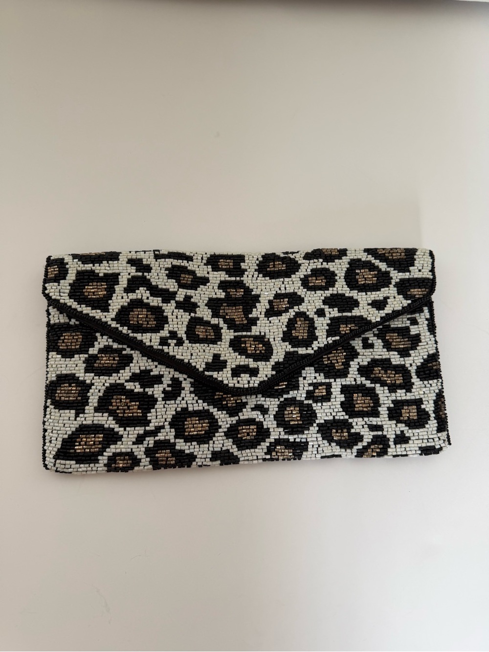 Express Leopard Print Beaded Envelope Clutch โ Black, White & Gold, NWT